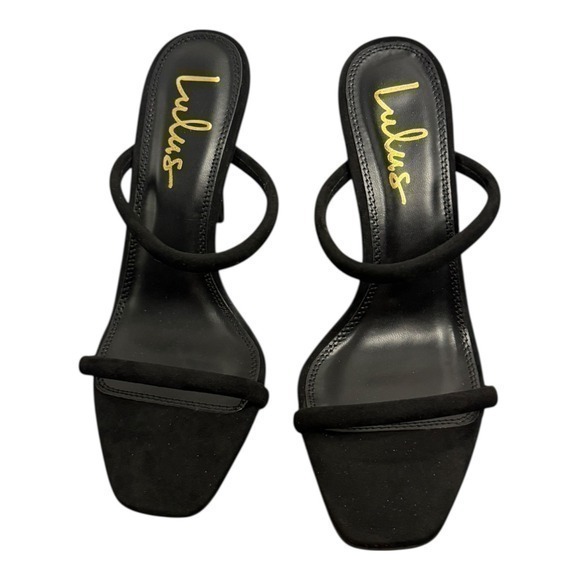 NIB Lulus Theyaa Black Faux Suede Square Toe High Heel Sandals Size 8 - Picture 4 of 9